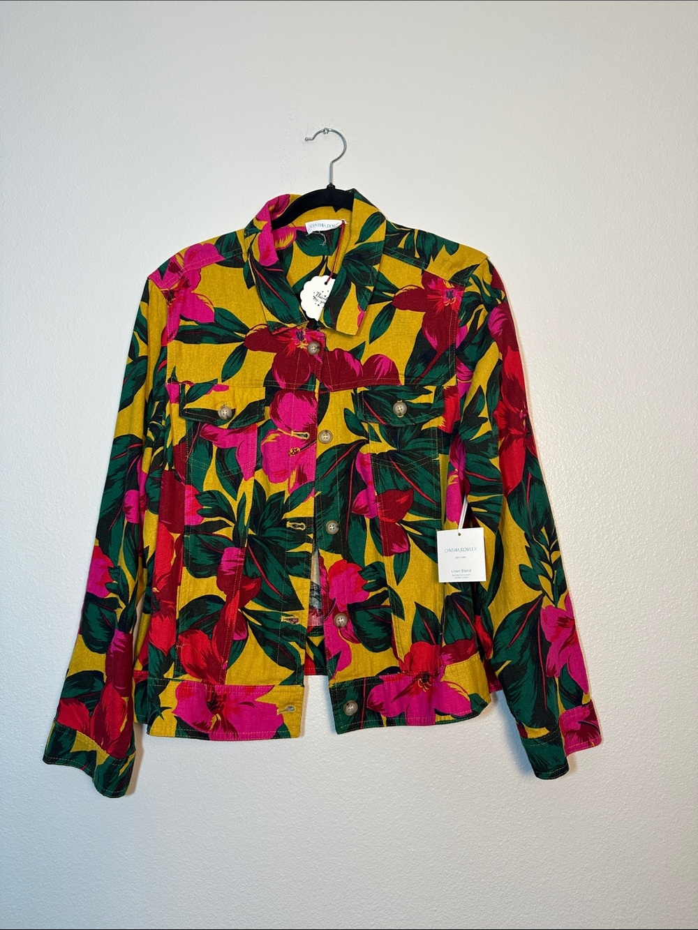 Cynthia Rowley Mustard Floral Jean Jacket with Pink & Green